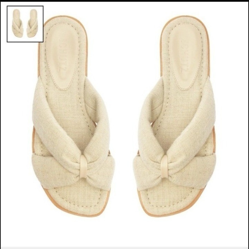SCHUTZ Fairy Casual Linen Sandals Oyster Square Toe Sandal Size 5B With Dust Bag